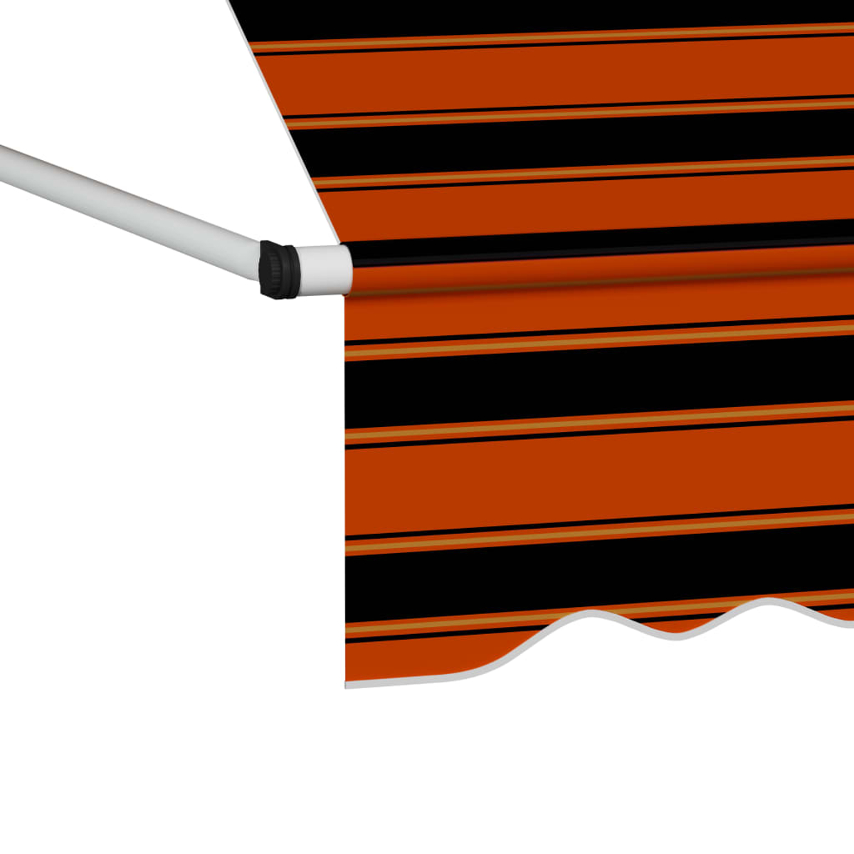 Nahaufnahme einer orangefarbenen und schwarz gestreiften Markise. Der Hintergrund ist weiß.