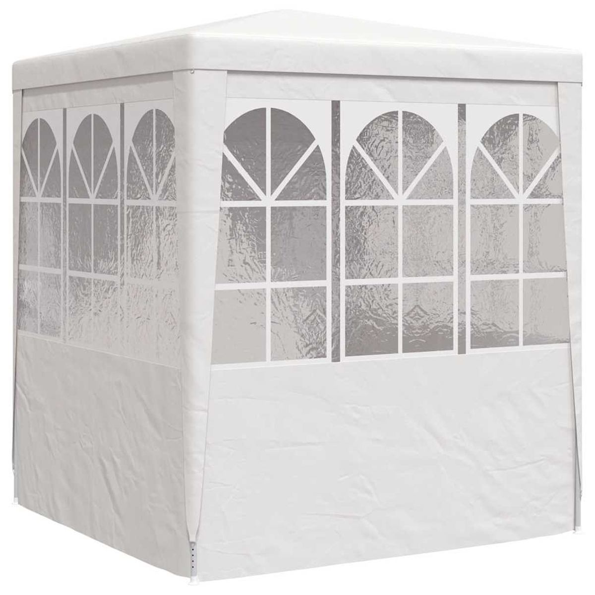 Cenador blanco con ventanas transparentes y techo a juego sobre fondo blanco.