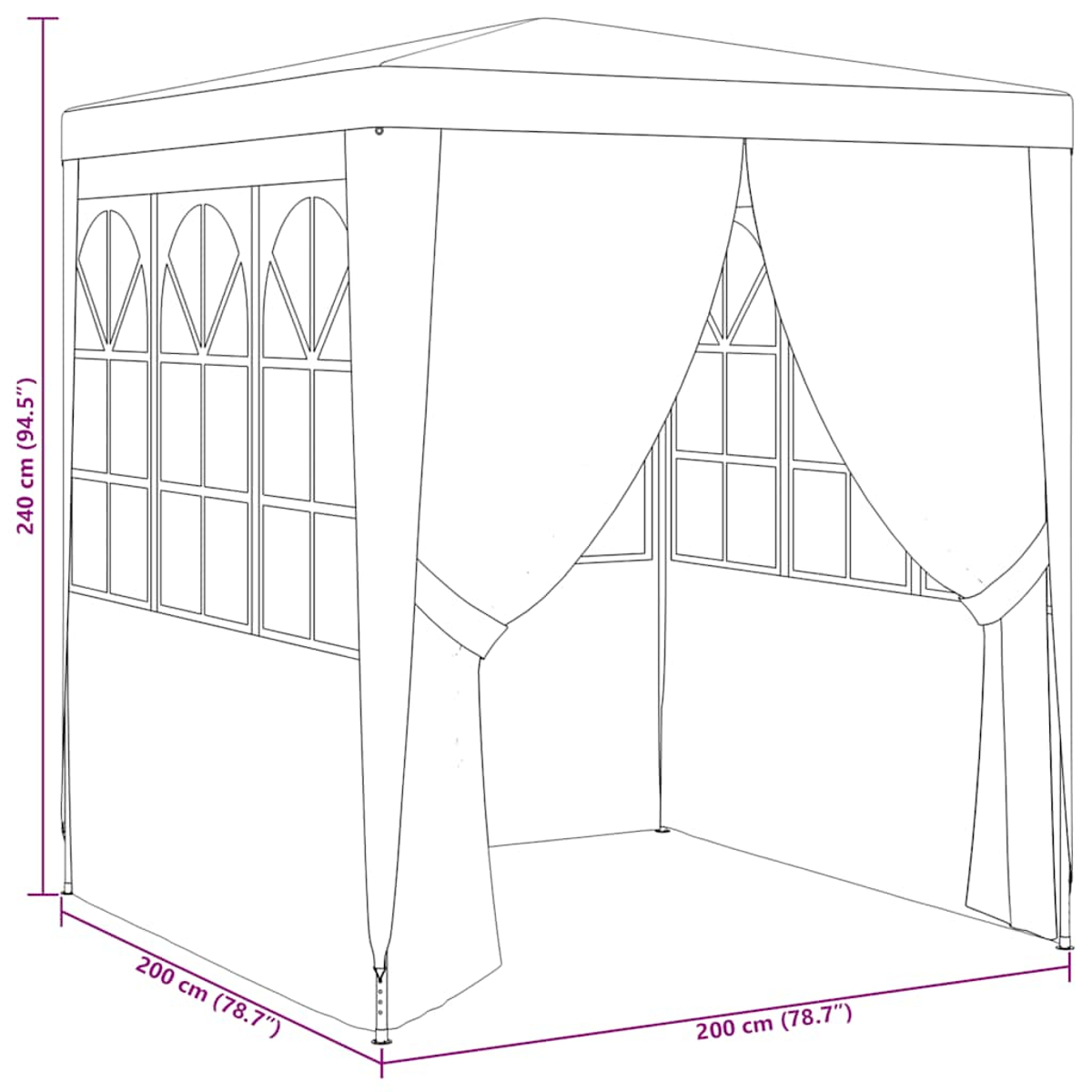 Cenador blanco con cortinas, dimensiones etiquetadas: 200cm x 200cm x 240cm. Aberturas de ventanas arqueadas.