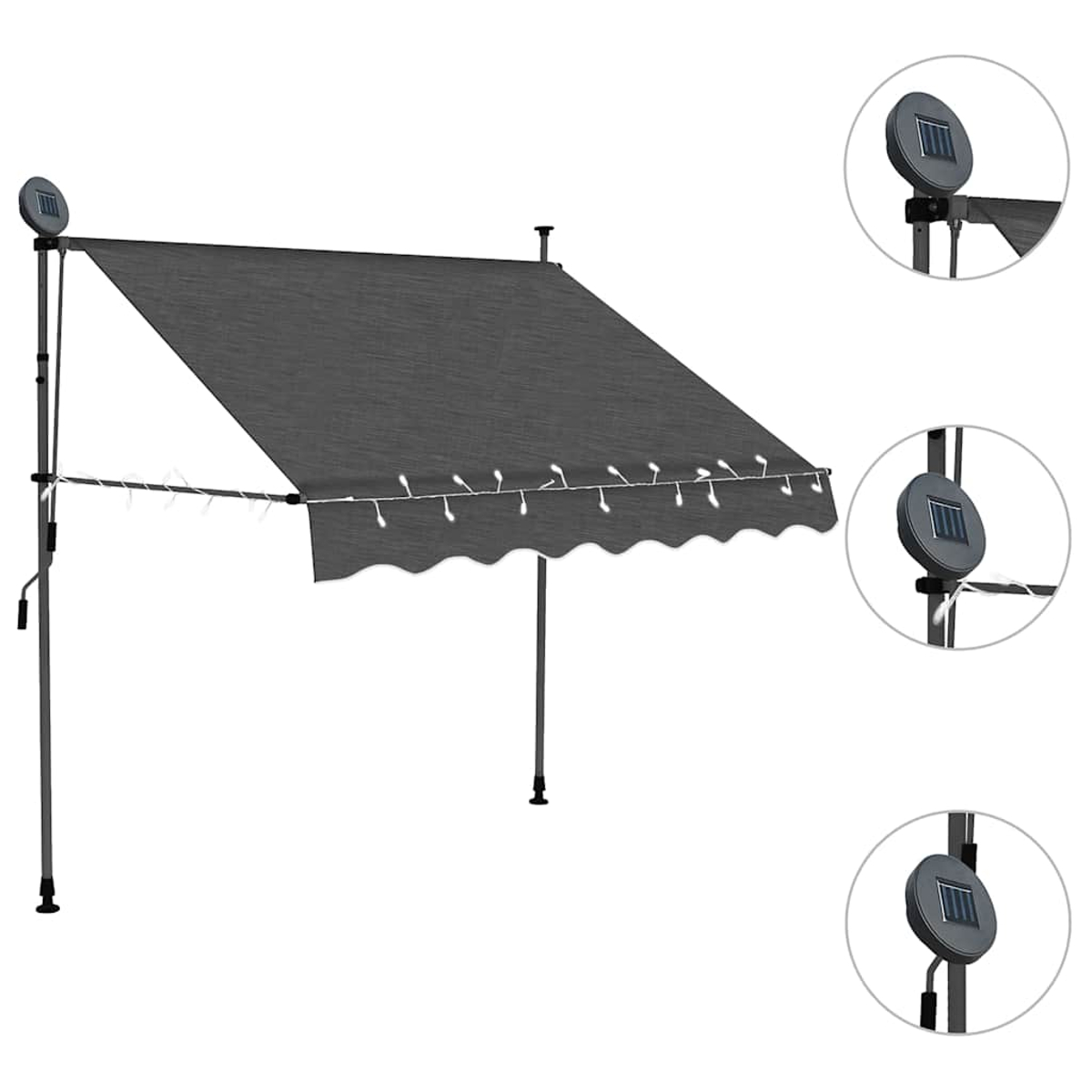 Eine Markise mit Lichtern und Solarpanelen oben, schräge Ansicht, mit Nahaufnahmen.