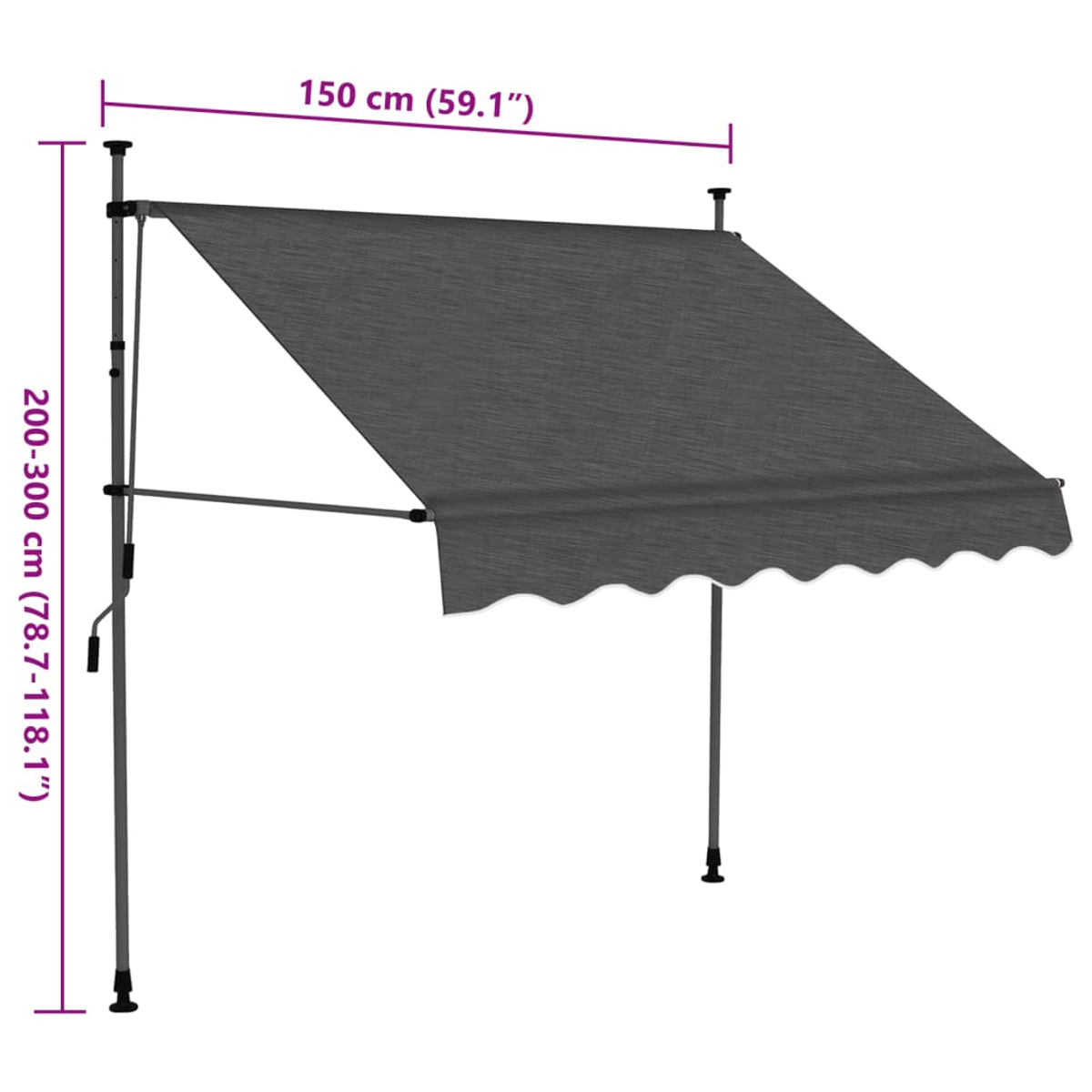 Graue Markise mit Stützstangen. Maße beschriftet: 150cm x 200-300cm. Gewellter Rand.