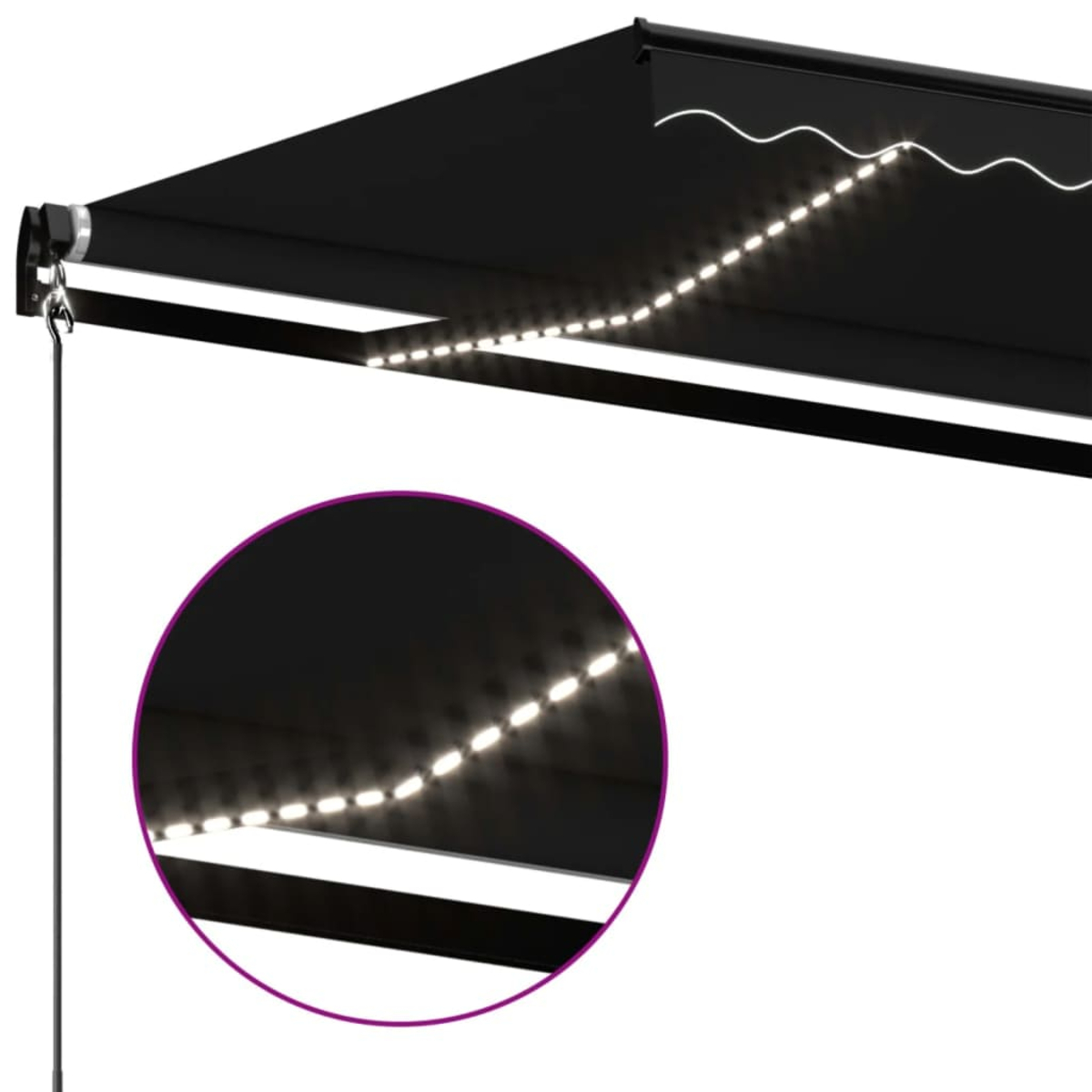 Schwarze Markise mit weißen LED-Leuchten, Nahaufnahme der Leuchten.