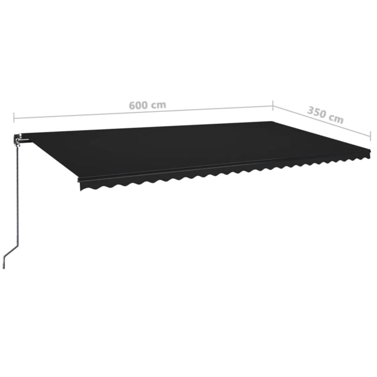 Schwarze, ausziehbare Markise. Maße beschriftet: 600cm x 350cm. Gewellter Rand.