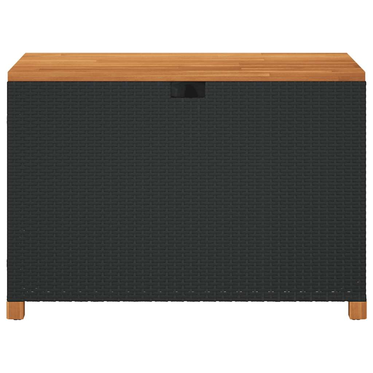 Schwarze Aufbewahrungsbox mit Holzplatte. Gewebtes Design an den Seiten.