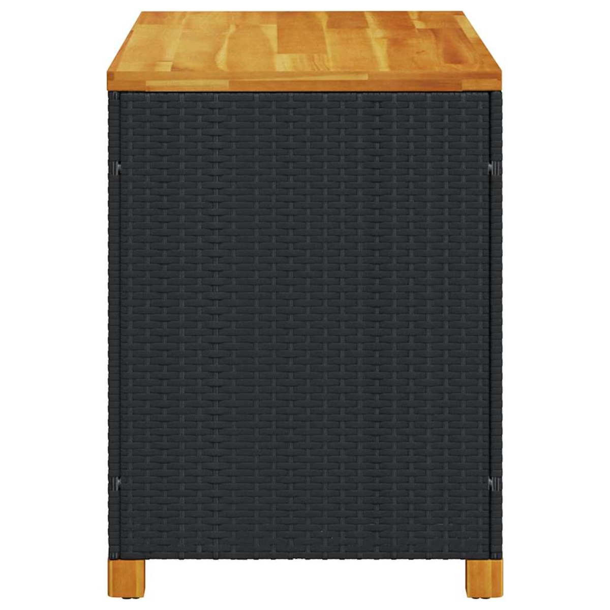 Ein schwarzer Rattan-Schrank mit Holzplatte.