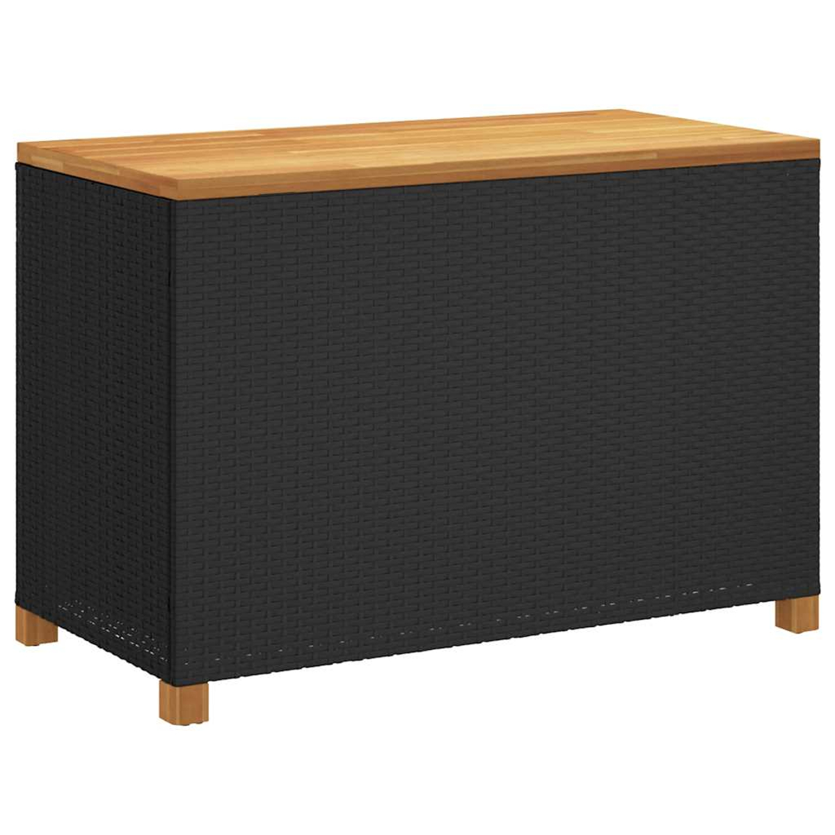 Eine schwarze Aufbewahrungsbox mit Holzplatte.