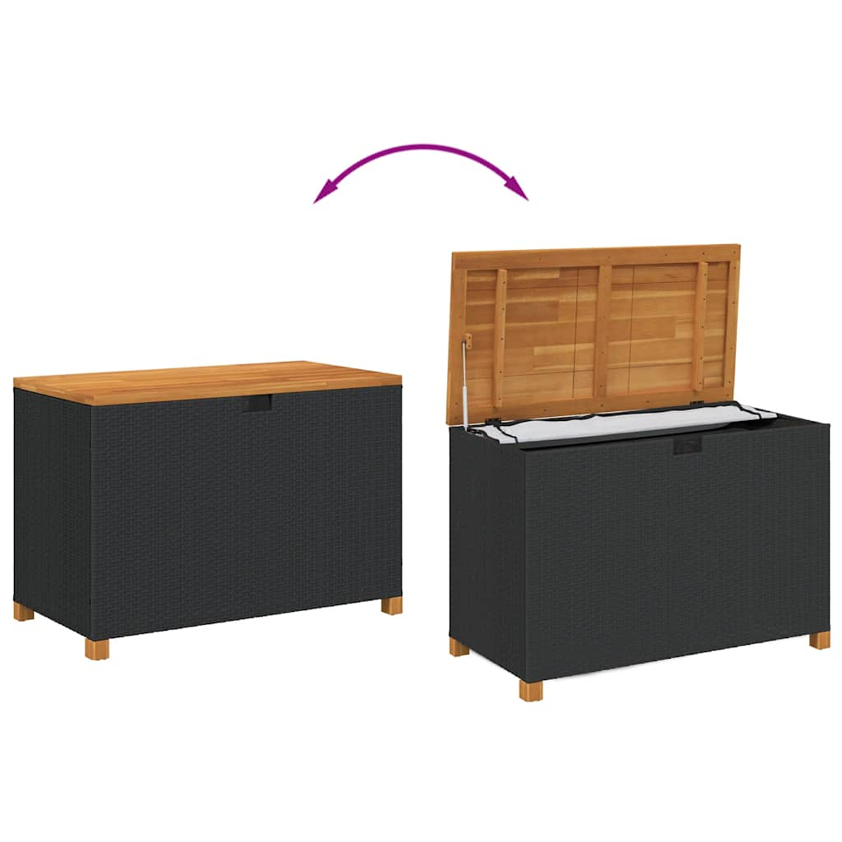 Aufbewahrungsbox, geschlossen und offen mit Holzdeckel. Schwarze, gewebte Seiten.
