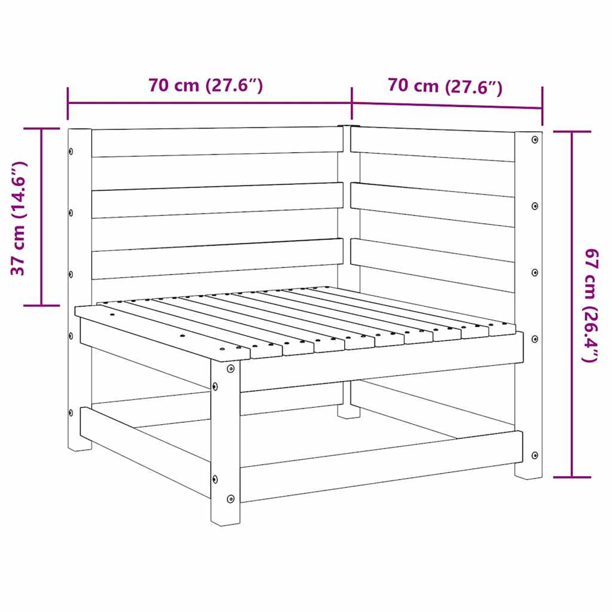 Diagramm eines Ecksofas aus Holz. Maße sind in Zentimetern und Zoll angegeben.