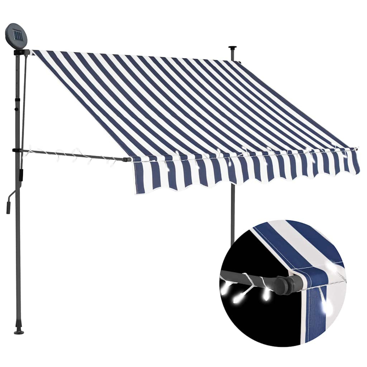 Blau-weiß gestreifte Markise mit Solarpanel und Lichtern auf weißem Hintergrund.