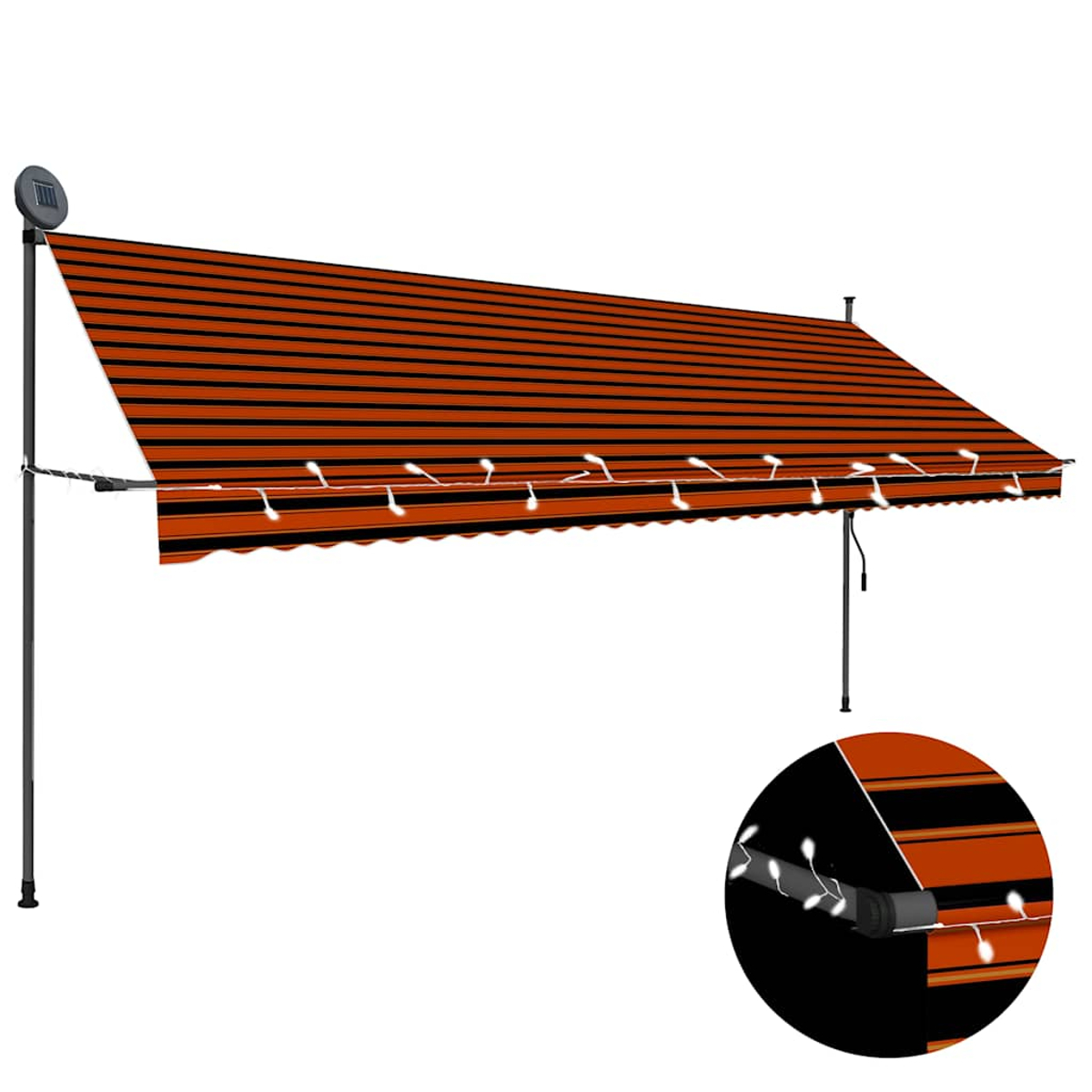 Ein orange-schwarz gestreiftes Sonnensegel mit Solarleuchten. Es hat einen schwarzen Rahmen, mit weißem Hintergrund.