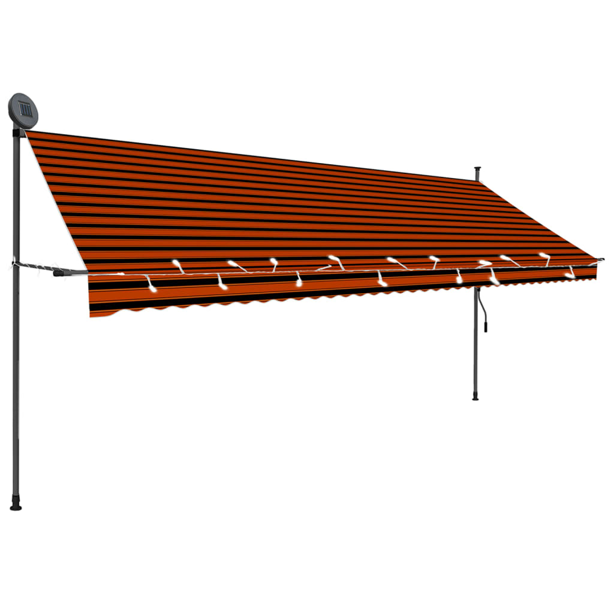 Orange-schwarz gestreifte Markise mit Lichtern, Solarpanel und weißem Hintergrund.