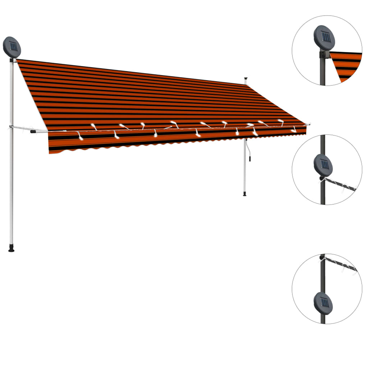 Ein orange-schwarz gestreiftes Sonnensegel mit Solarleuchten. Das Sonnensegel wird von einem weißen Rahmen getragen.