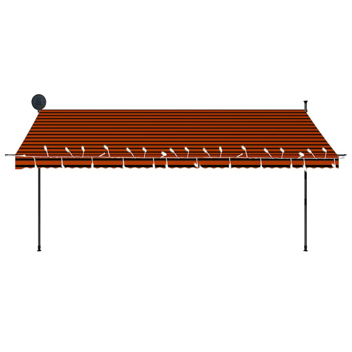 Ein orange-schwarz gestreiftes Sonnensegel mit Solarleuchten. Das Sonnensegel wird von einem dunklen Rahmen getragen.