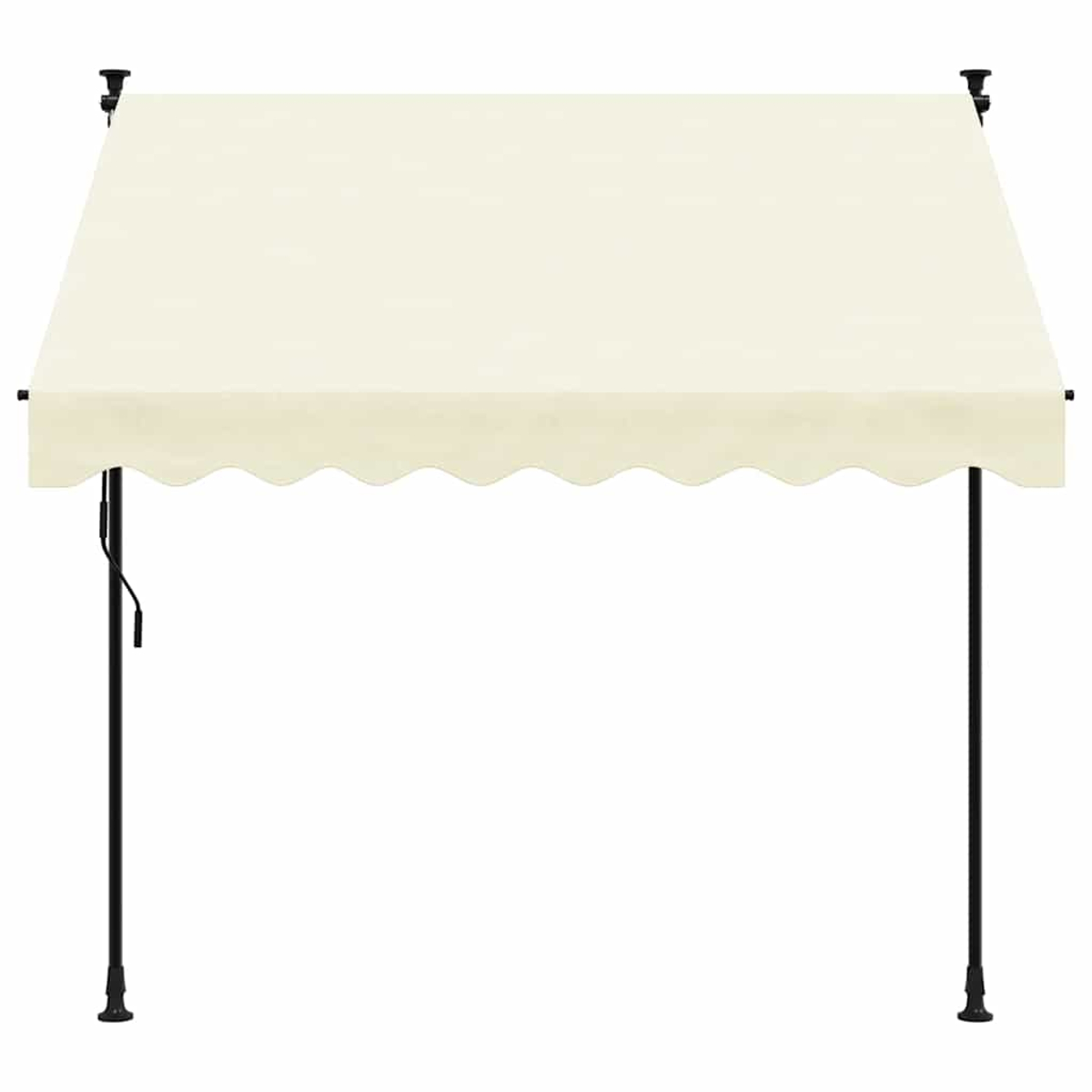 Beige Markise mit schwarzen Stützstangen. Gewellter Rand. Weißer Hintergrund.