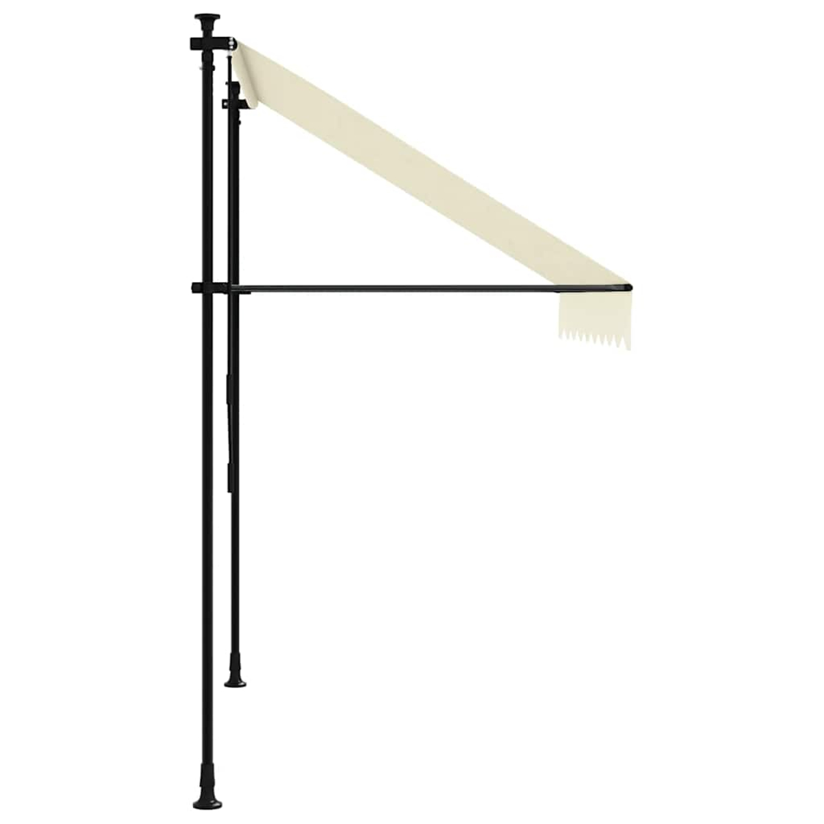 Beige Markise mit schwarzem Rahmen, von der Seite mit Zickzackkante gesehen.