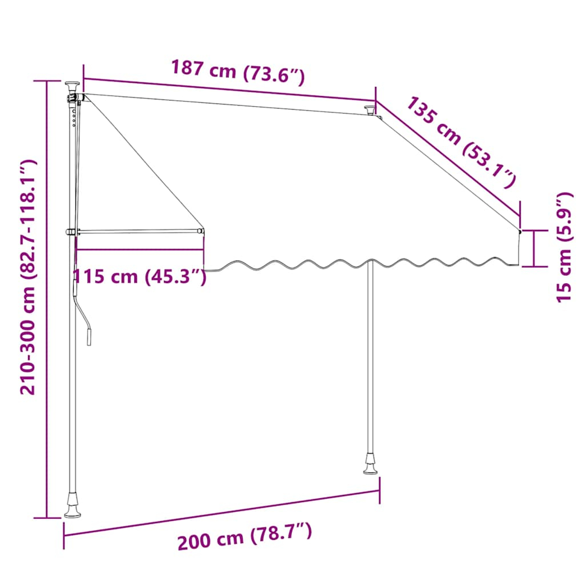 Diagramm der Markise mit Abmessungen. Zeigt Höhe, Breite und Länge der Markise.