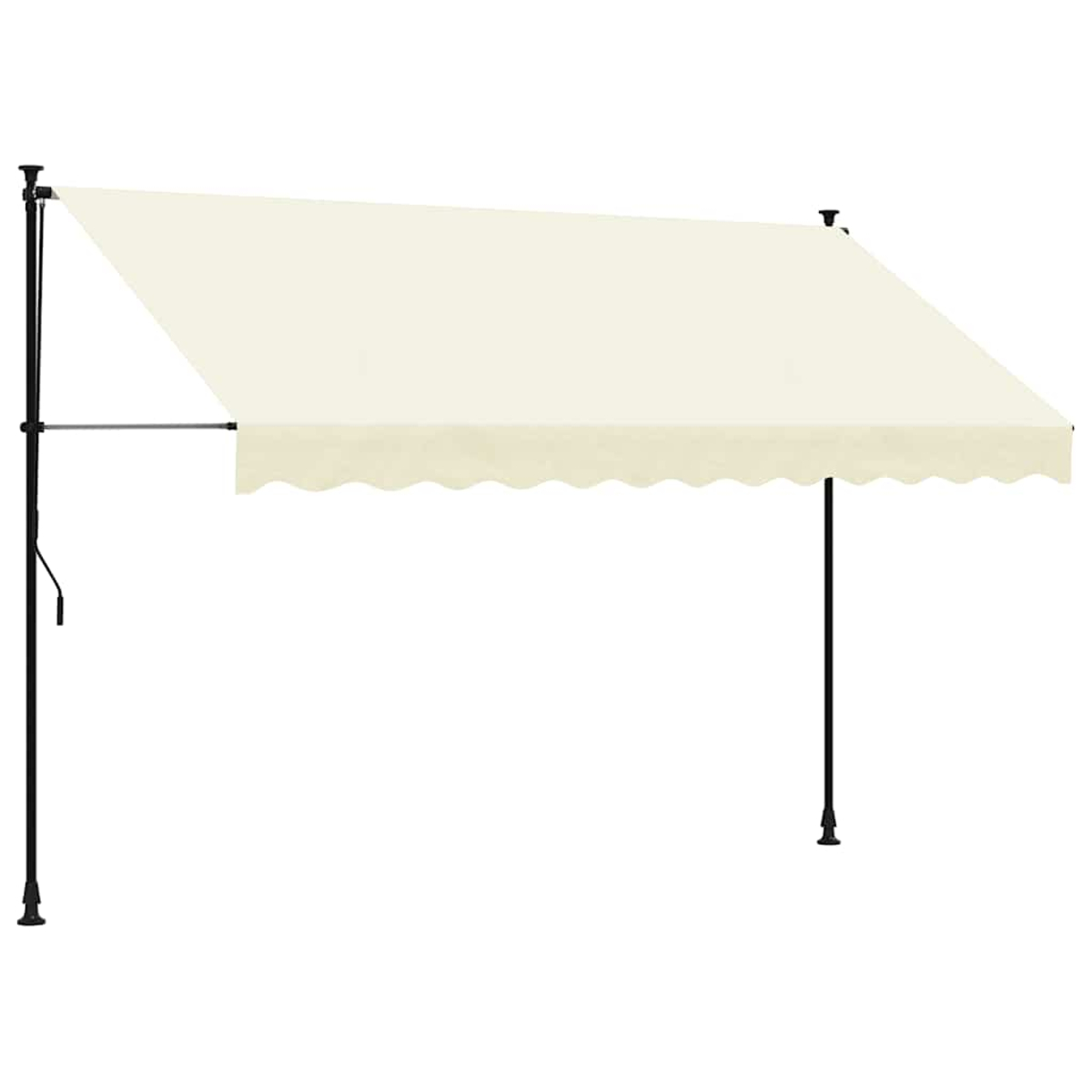 Beige Markise, schwarzer Rahmen, weißer Hintergrund. Gekerbter Rand, vollständig ausgefahren. Studioaufnahme.