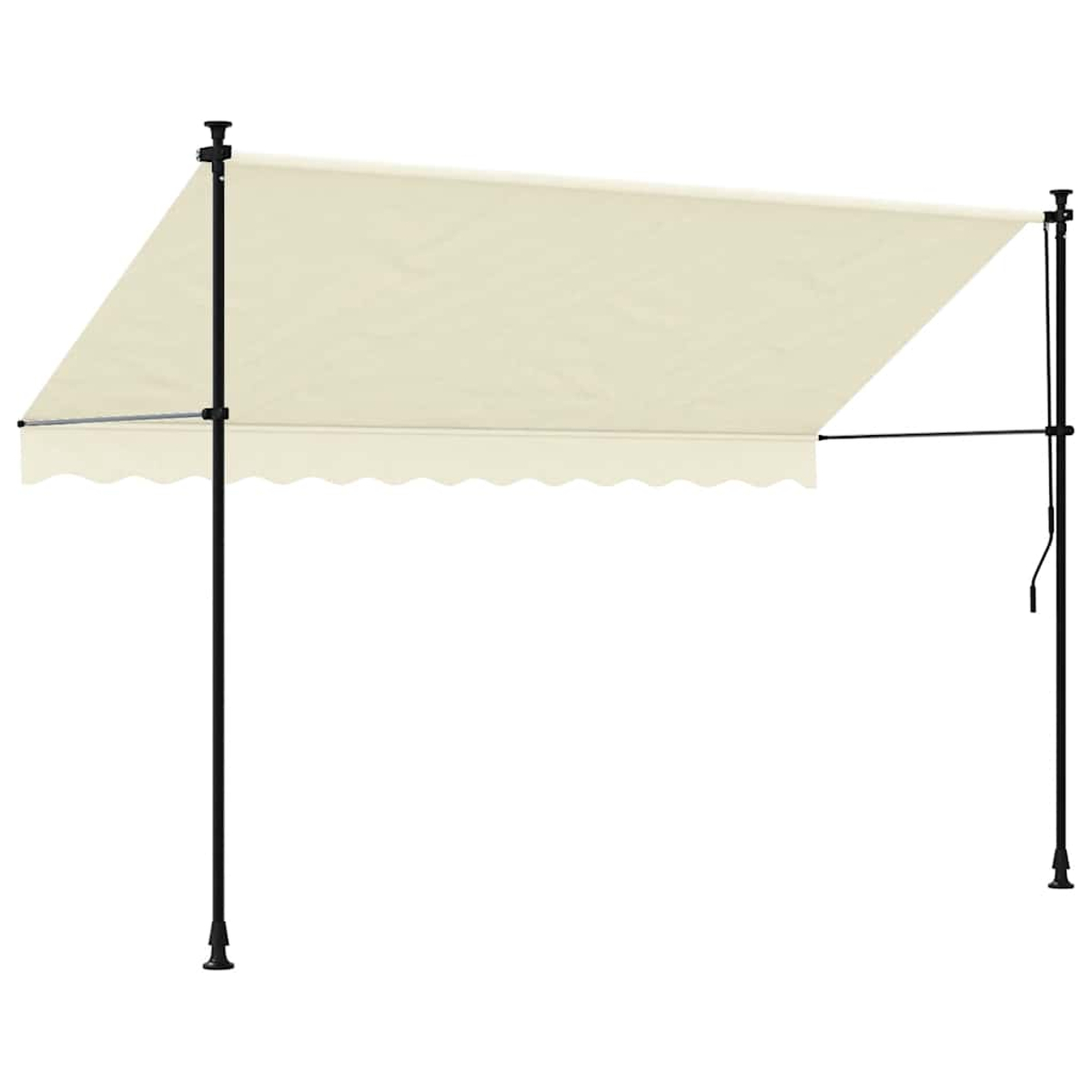 Beige Markise, schwarzer Rahmen, weißer Hintergrund. Gekerbter Rand, teilweise ausgefahren. Isoliert.