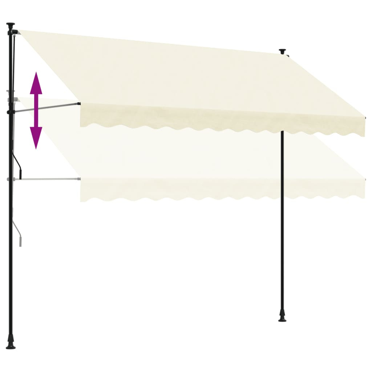 Cremefarbene Markise mit schwarzem Mast, die Markise ist verstellbar.