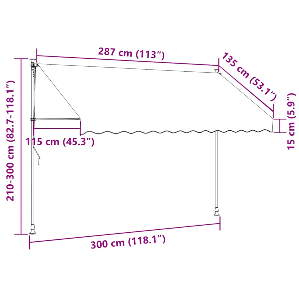 Diagramm einer Markise. Maße in cm und Zoll. Weißer Hintergrund, mit schwarzen Linien und Pfeilen.