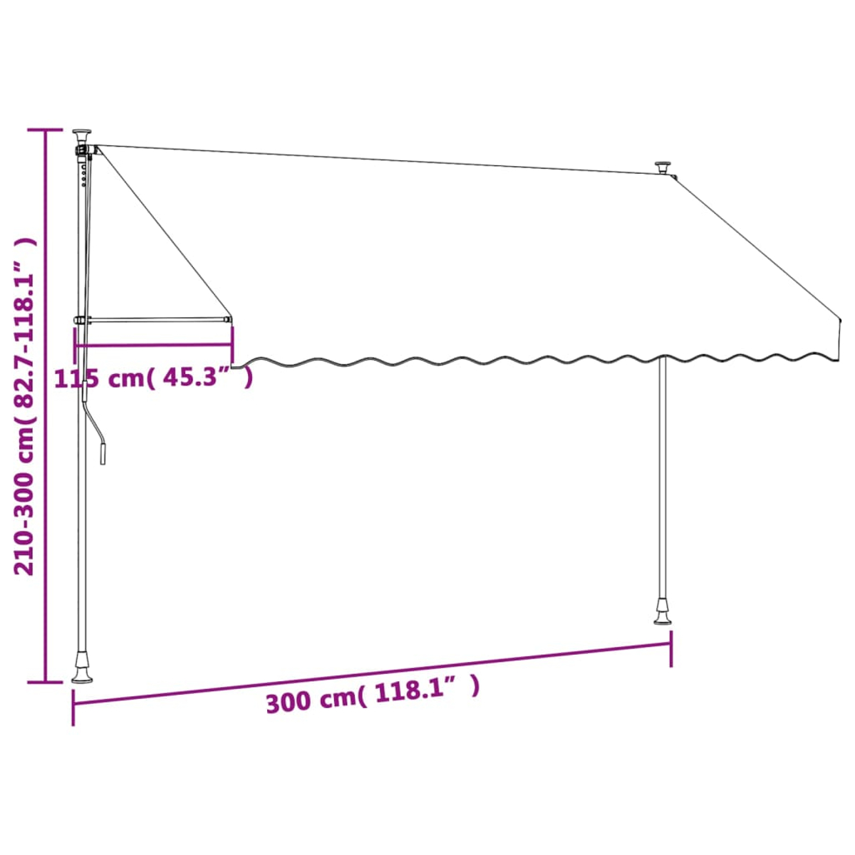 Diagramm eines Vordachs mit Abmessungen. Das Vordach ist 300 cm breit und bis zu 300 cm hoch.