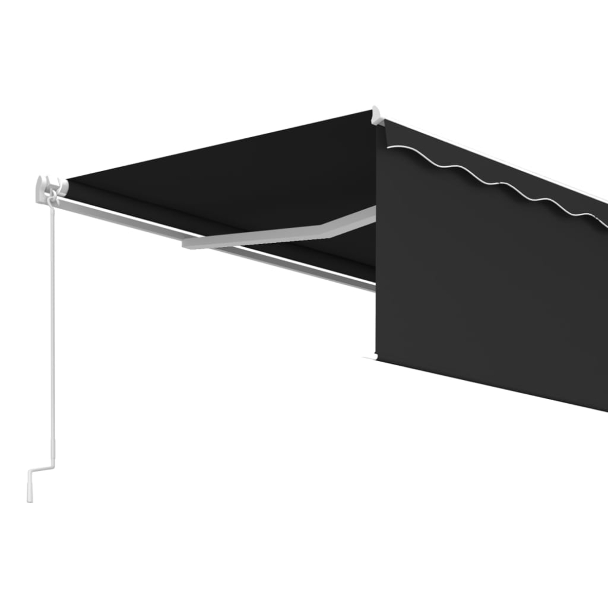 Schwarze ausfahrbare Markise mit weißem Rahmen, horizontal ausgefahren. Zeigt den Mechanismus.