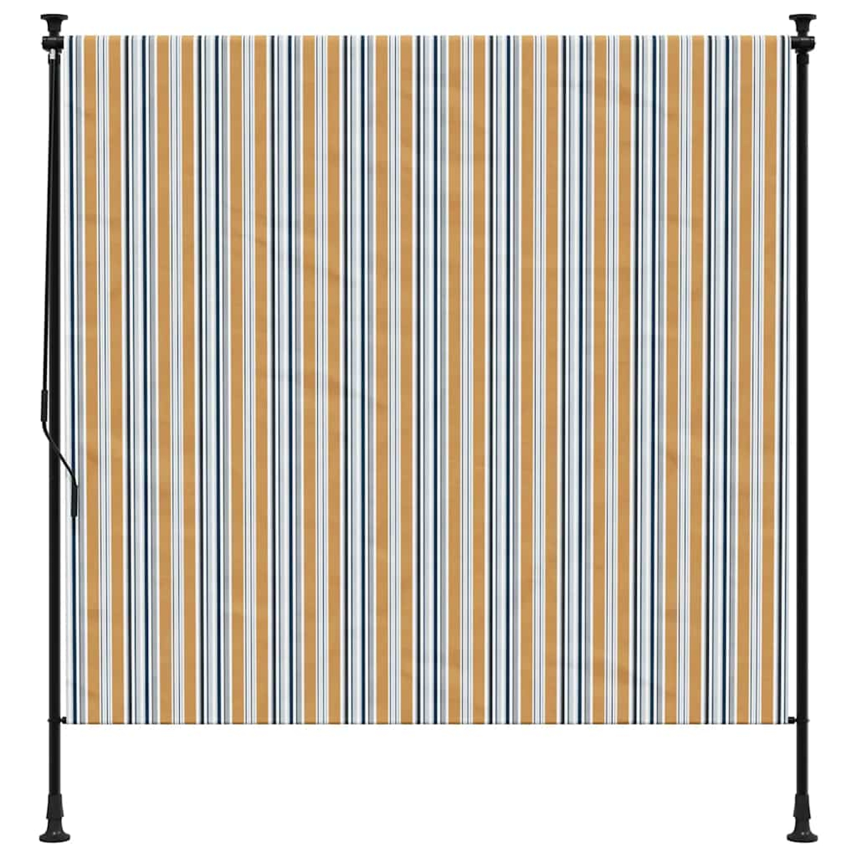 Gestreifter vertikaler Sichtschutz. Beige, weiße und blaue Streifen, schwarze Pfosten.