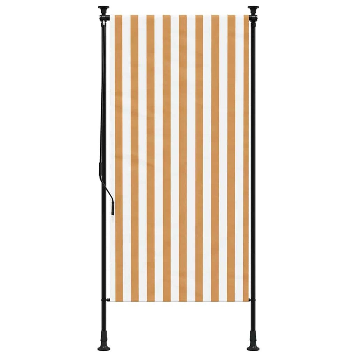 Ein gestreifter orange-weißer Outdoor-Sichtschutz mit schwarzen Stangen und Basen.