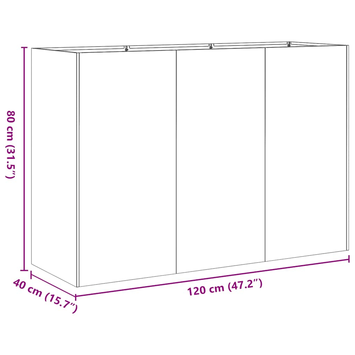 Diagramm eines Schranks mit Abmessungen. Es hat eine rechteckige Form und drei Türen.