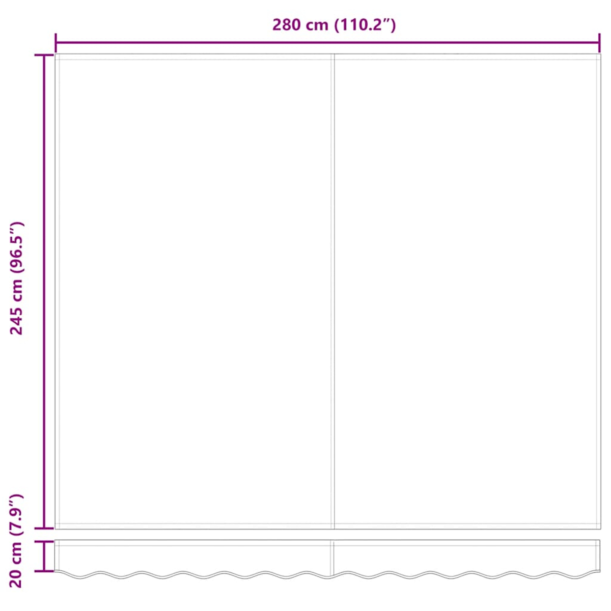 Schema di una struttura rettangolare bianca con misure in cm e pollici. Mostra le dimensioni.