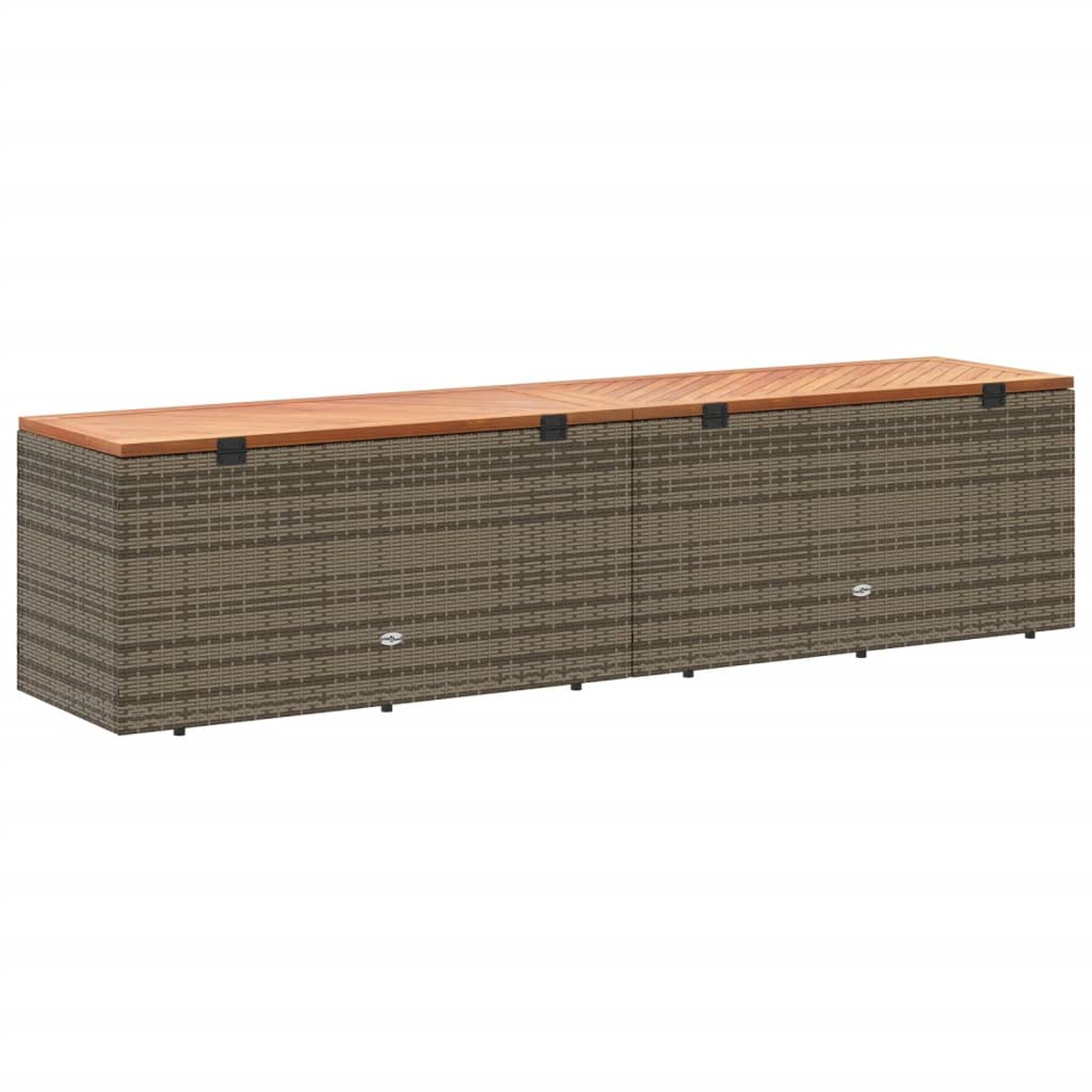 Eine rechteckige Aufbewahrungsbank mit Holzplatte und Basis im Rattan-Stil.