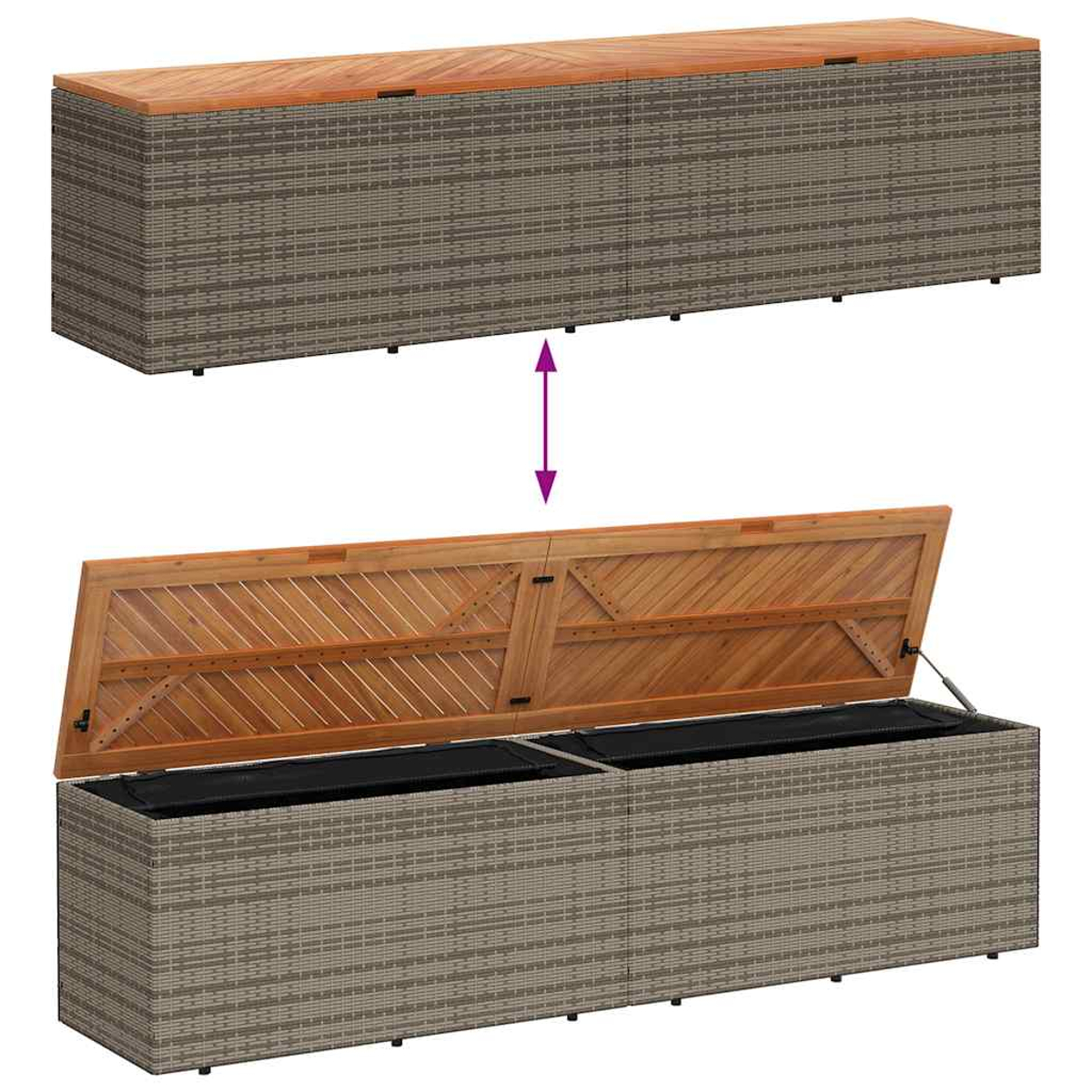 Eine geteilte Aufbewahrungsbank, mit Holzplatten und Basis im Rattan-Stil.