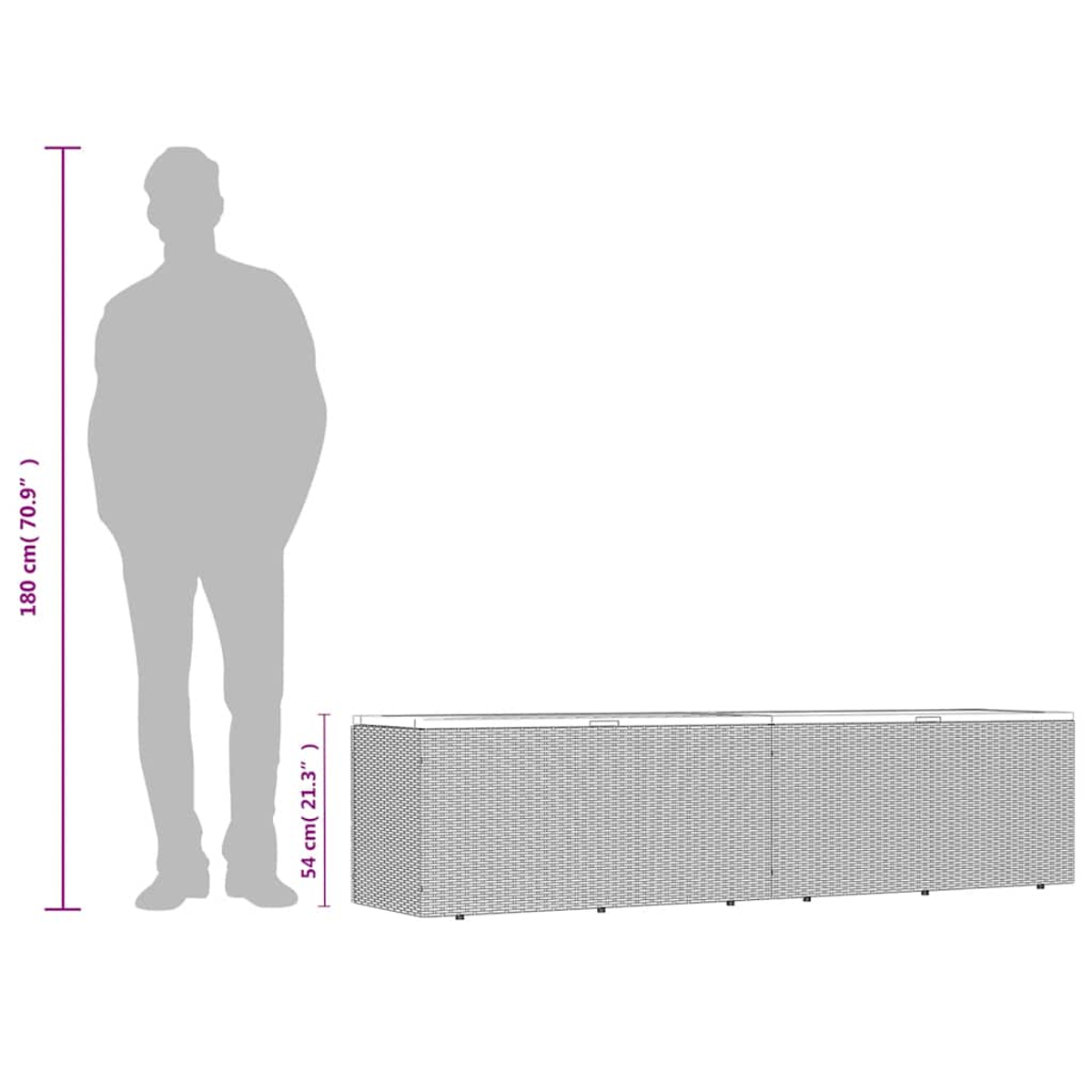 Eine große Person steht neben einer langen, gewebten Aufbewahrungsbox. Maße werden angezeigt.