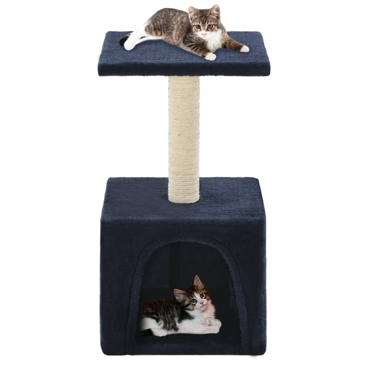 Zwei Katzen auf einem mehrstöckigen Kratzbaum. Eine Katze ist im Haus, die andere oben.