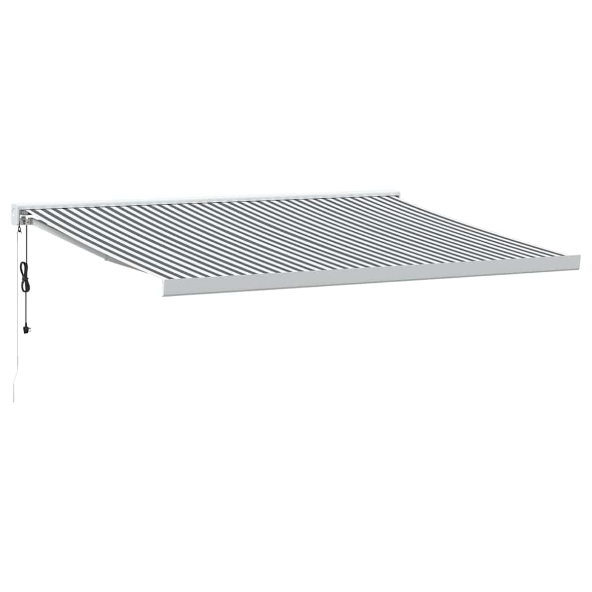 Grau-weiß gestreifte Markise. Weißer Hintergrund. Schwarzes Kabel.