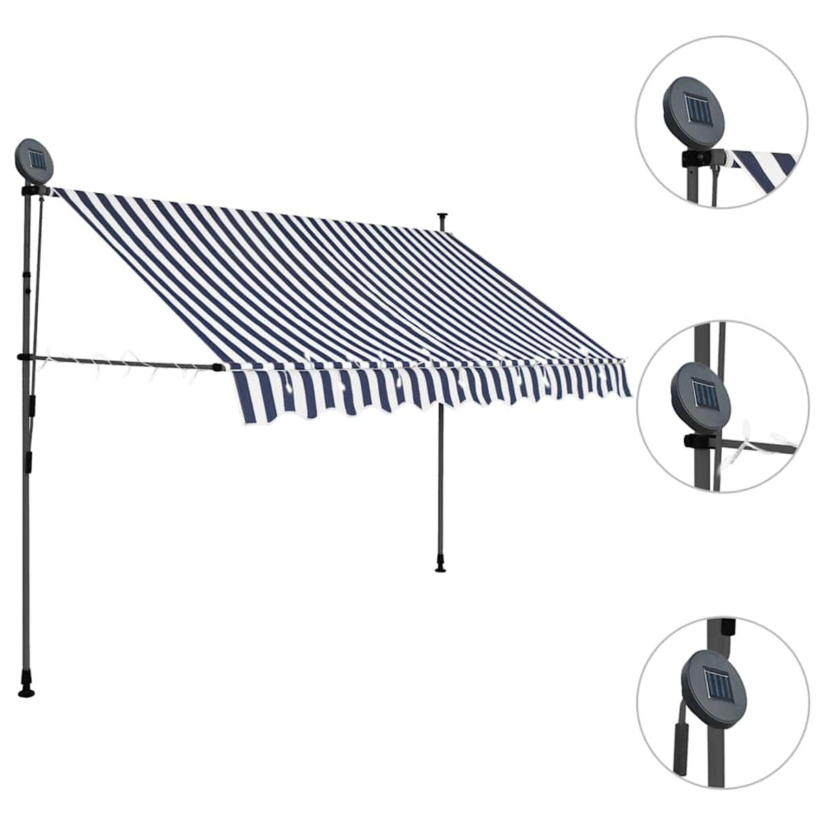 Blau-weiß gestreifte Markise. Solarpanel oben. Schwarzer Rahmen.