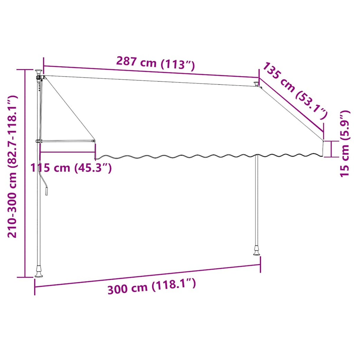 Diagramm einer Markise mit Abmessungen in cm und Zoll, mit gestreiftem Stoff.