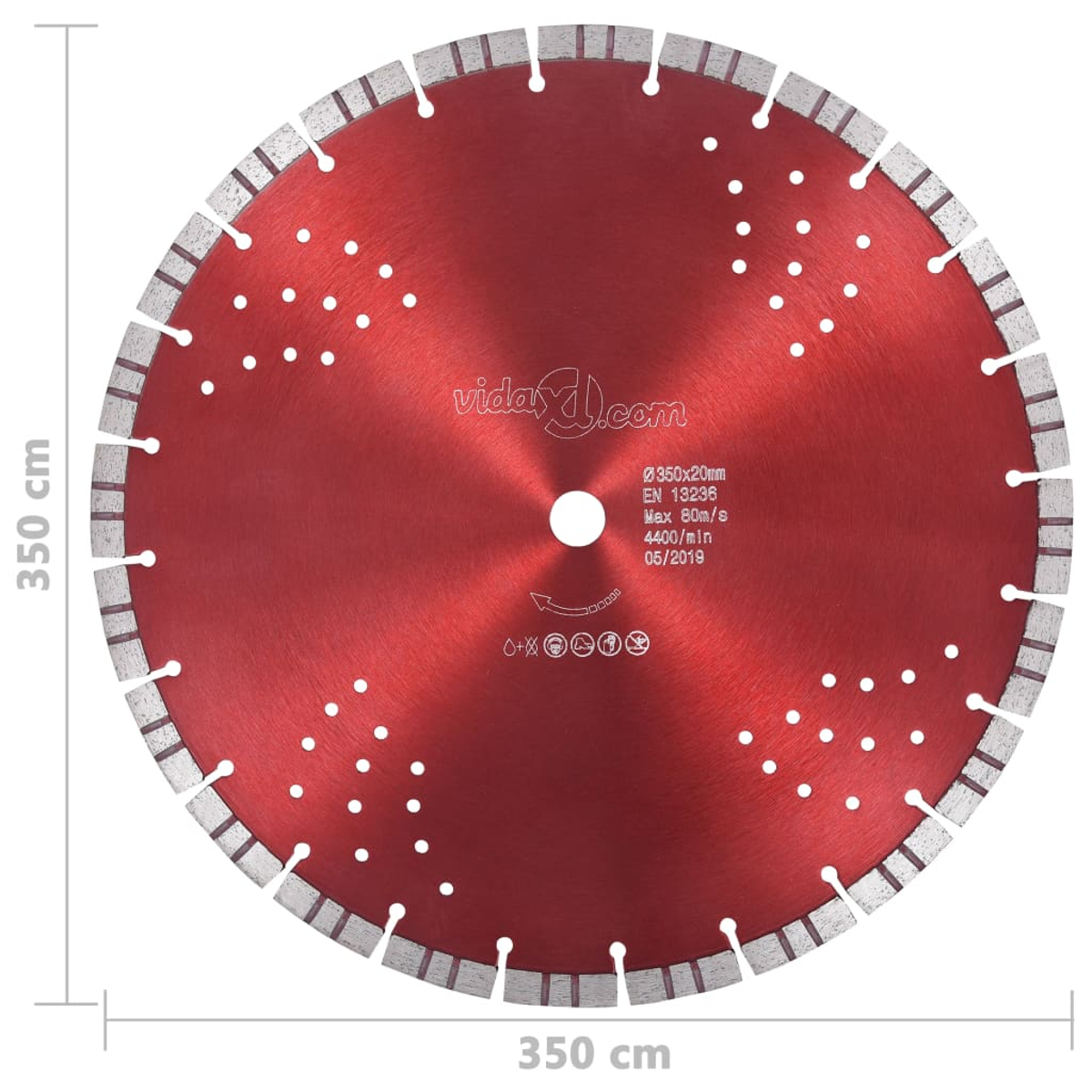 Großes Kreissägeblatt mit roter Mitte, Schneidkanten und Text mit Abmessungen in Zentimetern.