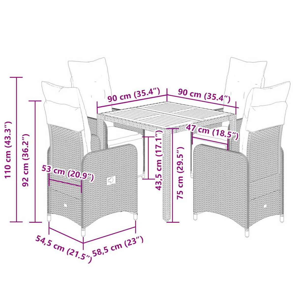 Set tavolo in rattan con quattro sedie. Le dimensioni sono etichettate in cm.