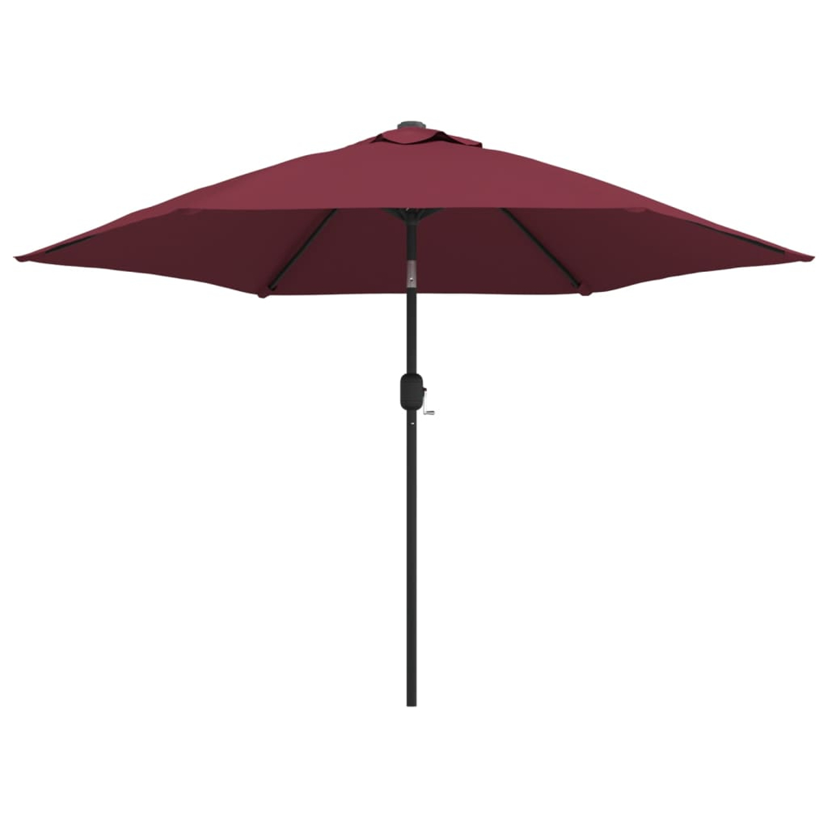 Ein weinroter Regenschirm ist geöffnet. Der Pfahl ist schwarz und die Oberseite weinrot.
