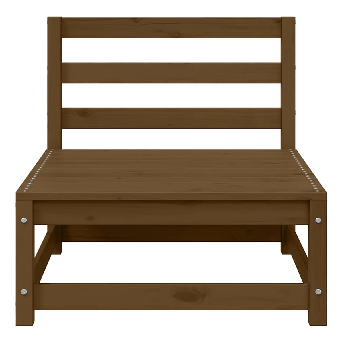 Brauner Holzstuhl mit Rücken und Sitzfläche. Der Stuhl hat Schrauben.