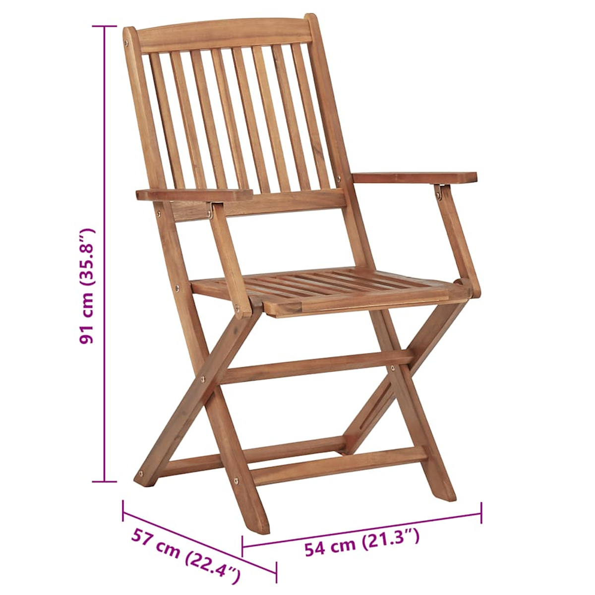 Klappstuhl aus Holz mit Armlehnen. Der Stuhl ist in geöffneter Position.