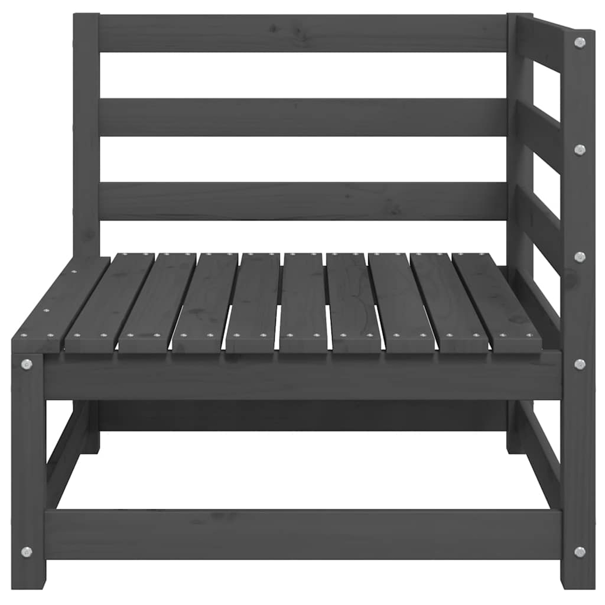 Grauer Holzstuhl mit Rücken und Sitzfläche. Schrauben sind sichtbar. Der Stuhl ist draußen.