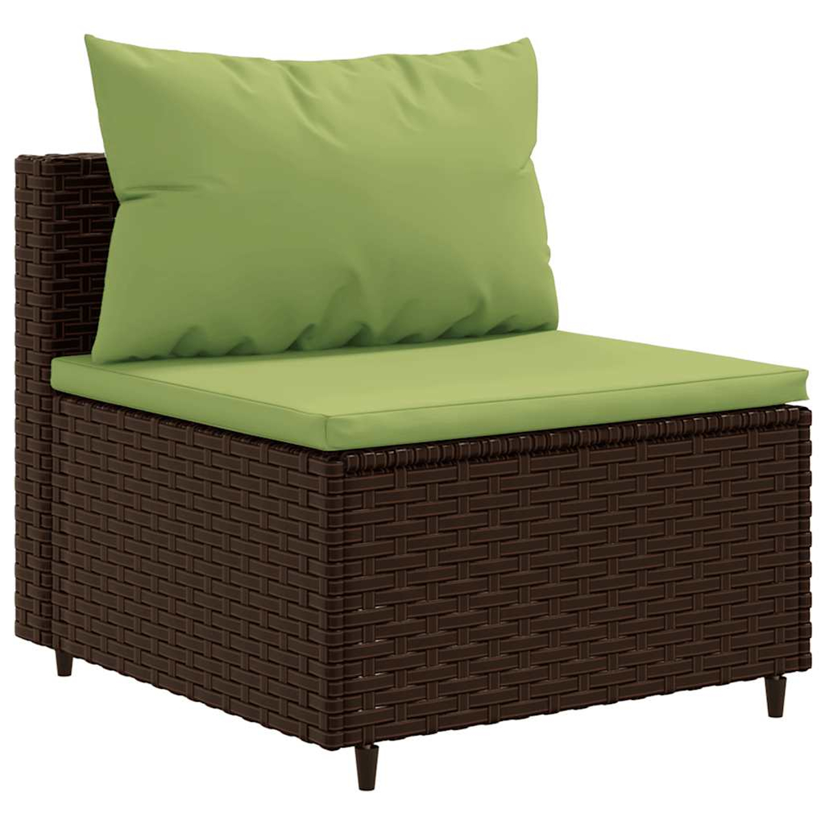 Sedia in vimini marrone con cuscino e cuscino verde. La sedia ha una base marrone.
