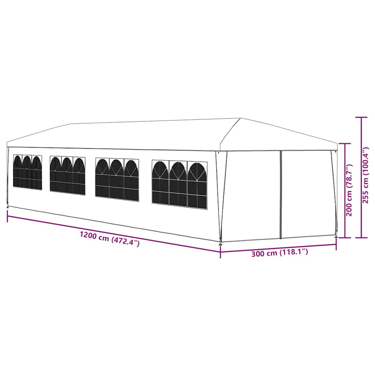 Weißes Festzelt. Abmessungen: 1200 cm x 300 cm x 255 cm.
