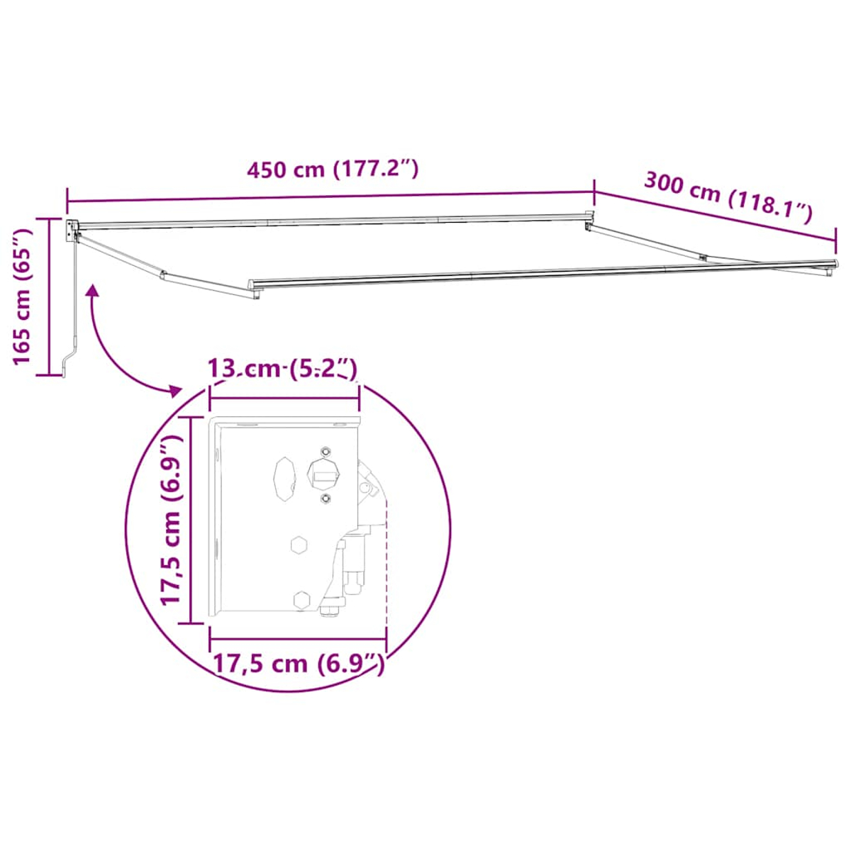 Diagramma con dimensioni di una tenda da sole: lunghezza 450cm, larghezza 300cm, staffa: 17,5x17,5cm. Fondo bianco.