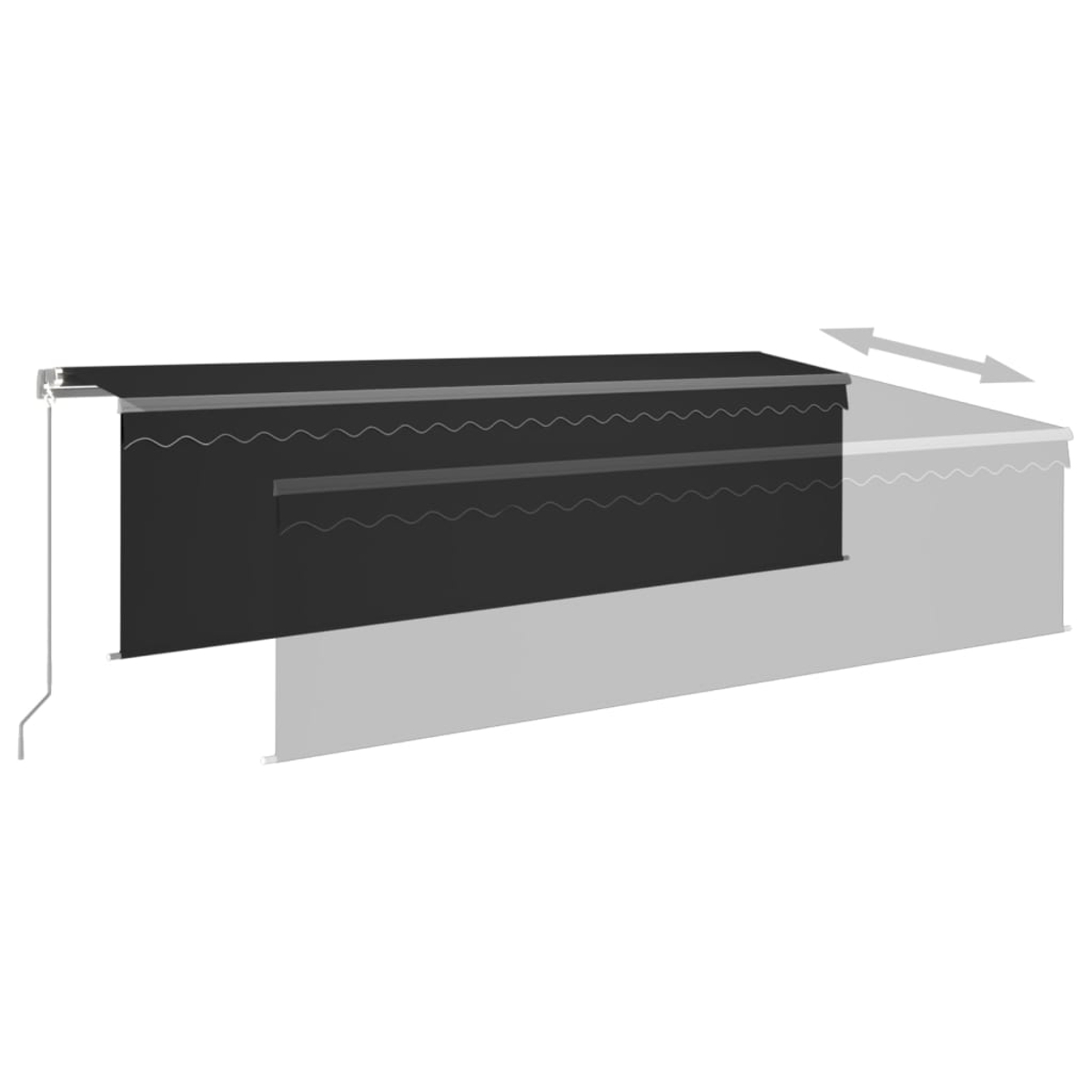 Markise, grau, mit schwarzer oberer Schicht, ausfahrbar und einfahrbar, weißer Hintergrund.