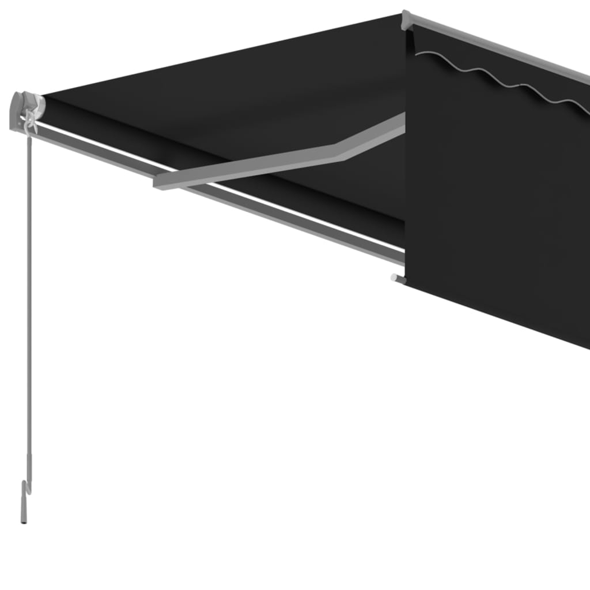 Markise, schwarze Oberseite, ausfahrbar und einfahrbar, grauer Rahmen, weißer Hintergrund.
