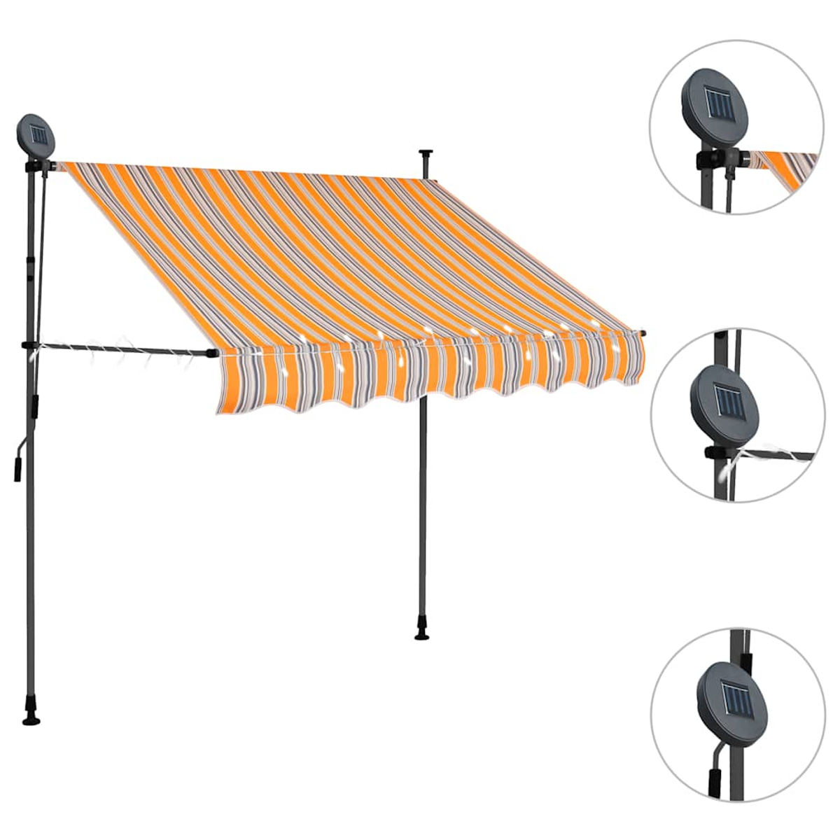 Eine orange gestreifte Markise mit Solarlichtern. Schwarzer Rahmen mit verstellbaren Beinen.