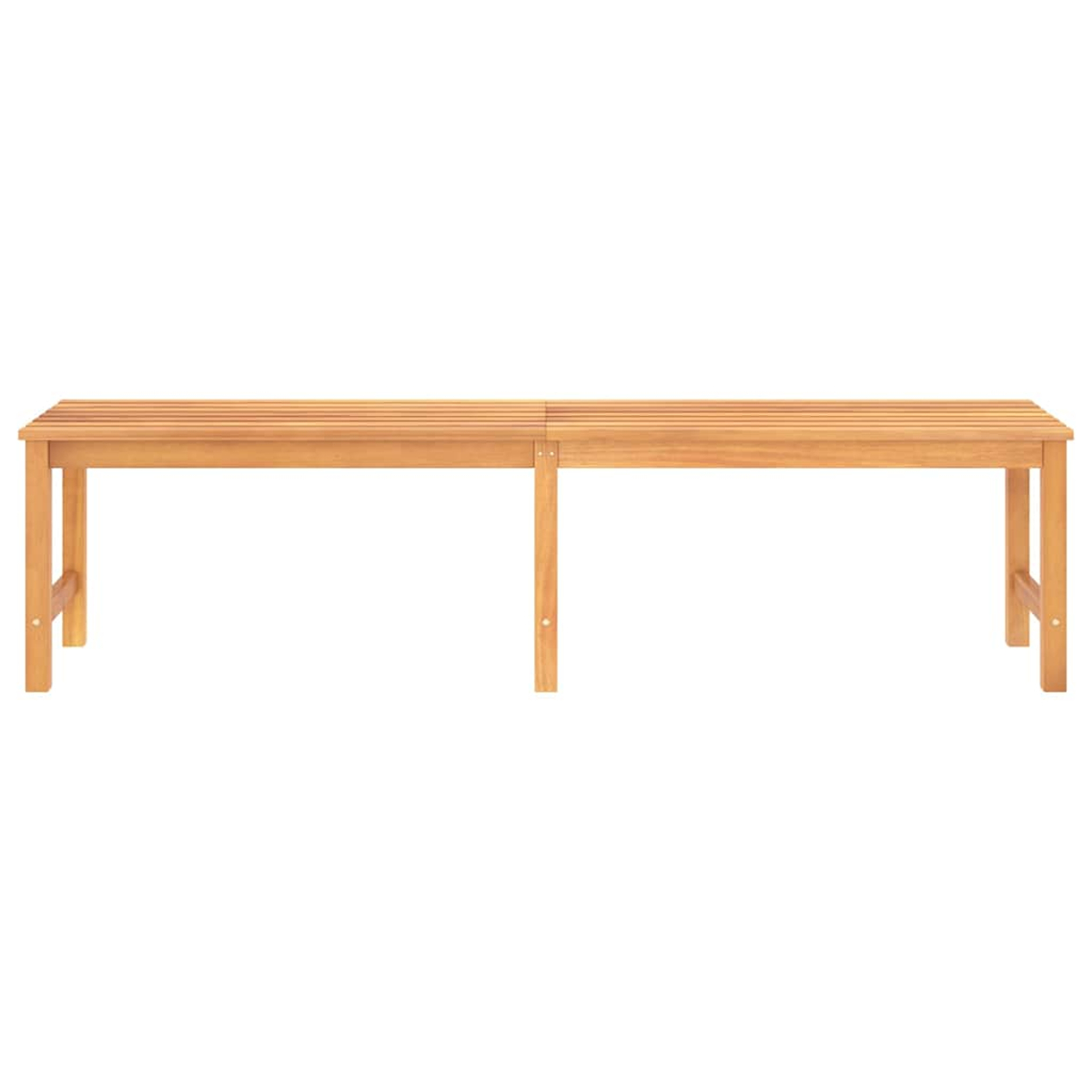 Eine lange Holzbank. Es hat ein einfaches Design und ist auf weißem Hintergrund platziert.
